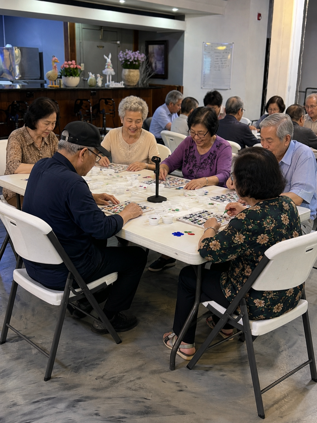 Vietnamese seniors enjoying activities with a caring staff member at Saigon Adult Day Care